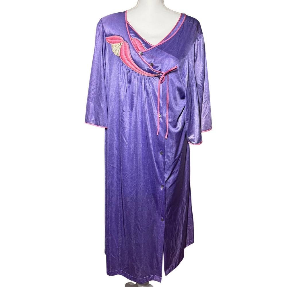 Vintage 3pc Nightgown Robe Set XXL Purple Pink Shell Applique Nylon Shimmer USA